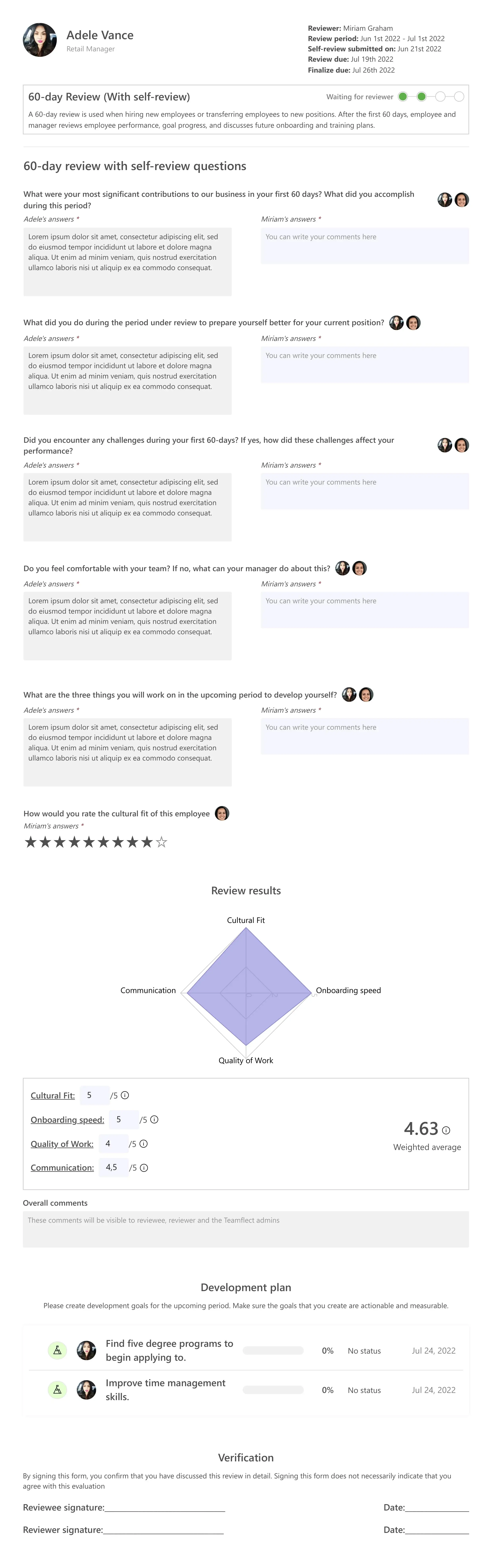 Teamflect 60-day review with self review template in Microsoft Teams